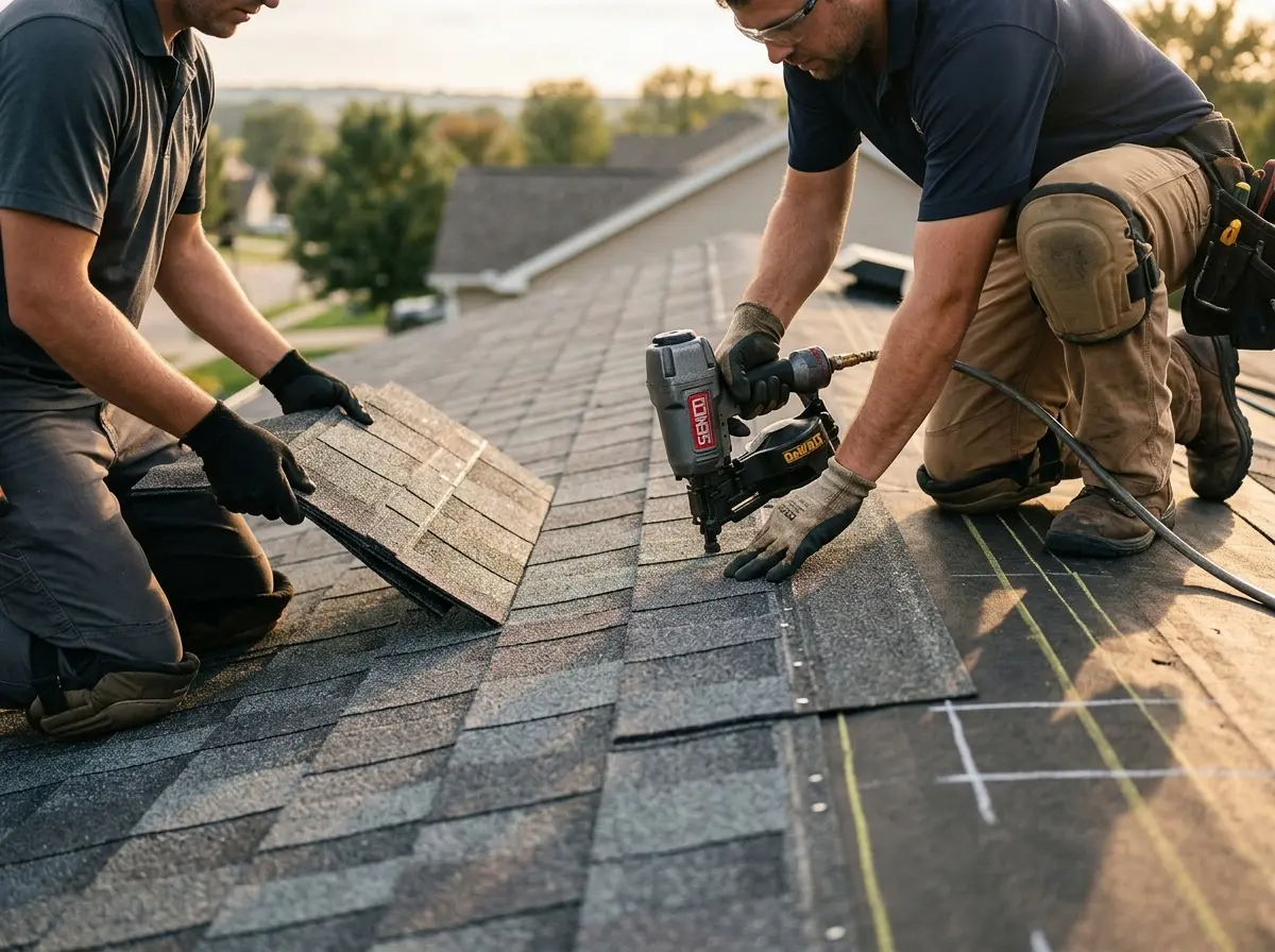Professional roofer working on a residential roof in Central Falls